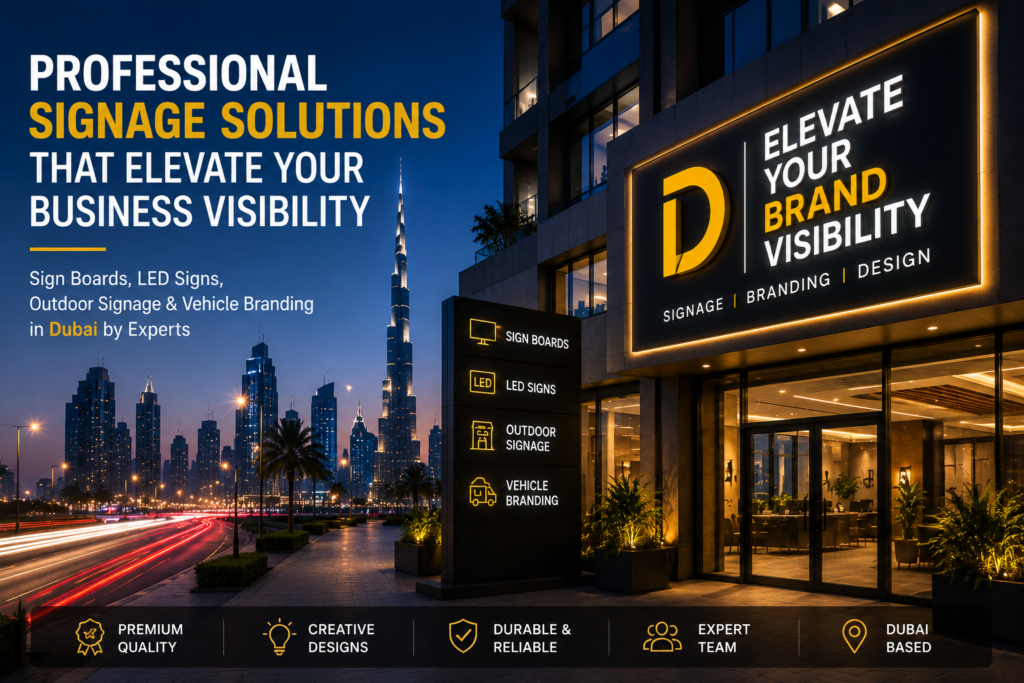 Professional signage and branding promotional banner showing illuminated billboards and urban advertising displays in a modern Dubai cityscape at night, highlighting sign boards, LED signs, outdoor signage, and vehicle branding solutions for business visibility.
